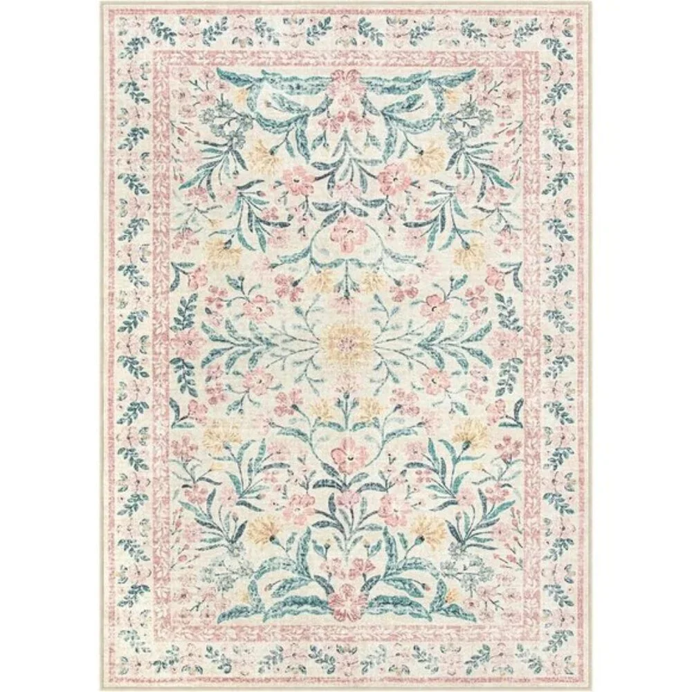 New 5x7 Pink Nursery Area Rug, Washable Non-Slip Floral Carpet for Girls Room